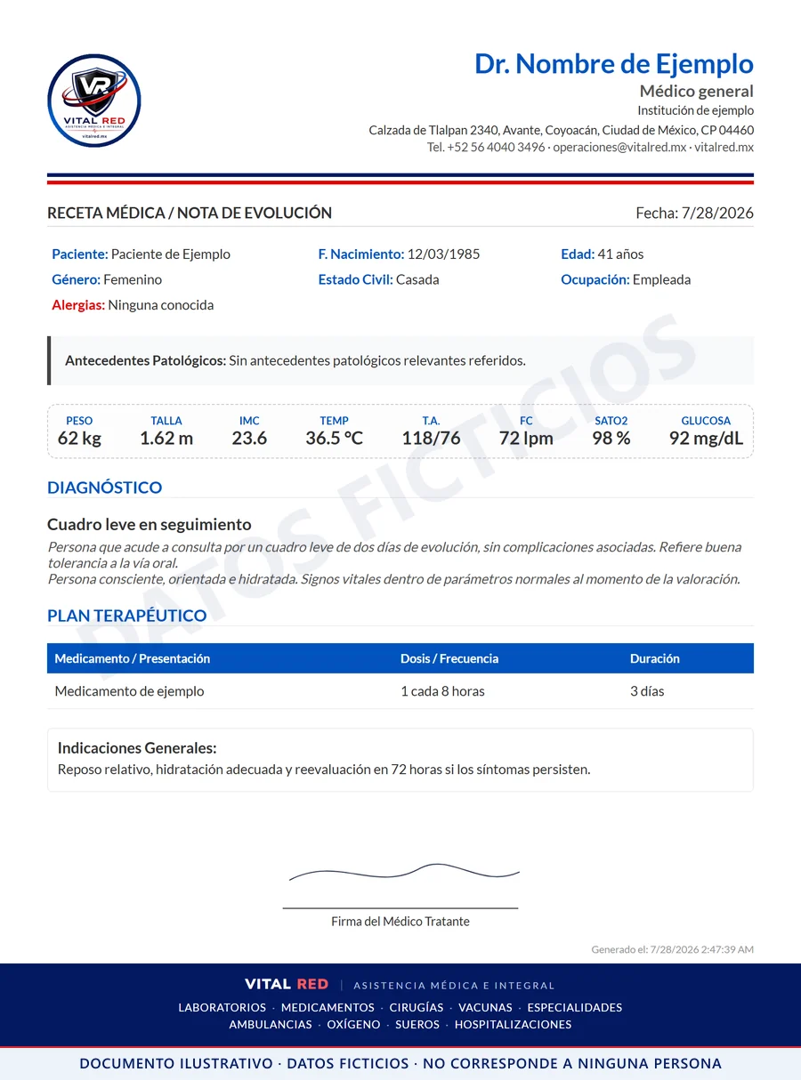 Vista previa del formato de reporte de atención, mostrado con contenido de ejemplo y sin datos reales.