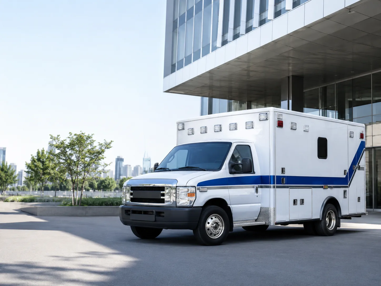 Ambulancia sin rotular estacionada frente a un edificio, con luz de día.